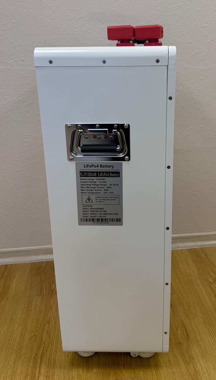 16,38 kwh 48V (51.2V) LiFePO4 akumulators hibrīda invertoriem, JKBMS, CALB Grade A 320Ah, vertikālais