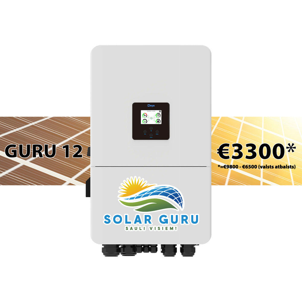 GURU 12 komplekts – 12kw DEYE LV 3 fāzu invertors ar iebūvētu AI (mākslīgo intelektu) + 24x 500W AIKO, GEN2 Full black saules paneļiem + 16,38 kwh 51.2V zemsprieguma akumulators